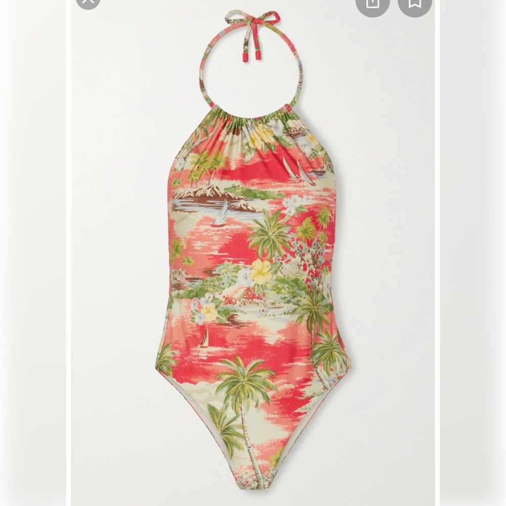 Zimmermann Juliette Hawaiian printed halterneck swimsuit coral one piece